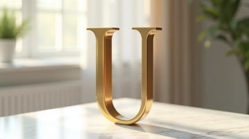 Lettre U en or et bois sur marbre blanc lumineux
