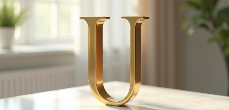 Lettre U en or et bois sur marbre blanc lumineux