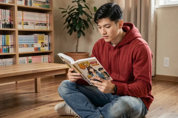 Jeune homme lisant un tome de One Piece en français assis sur le sol d'un appartement cosy