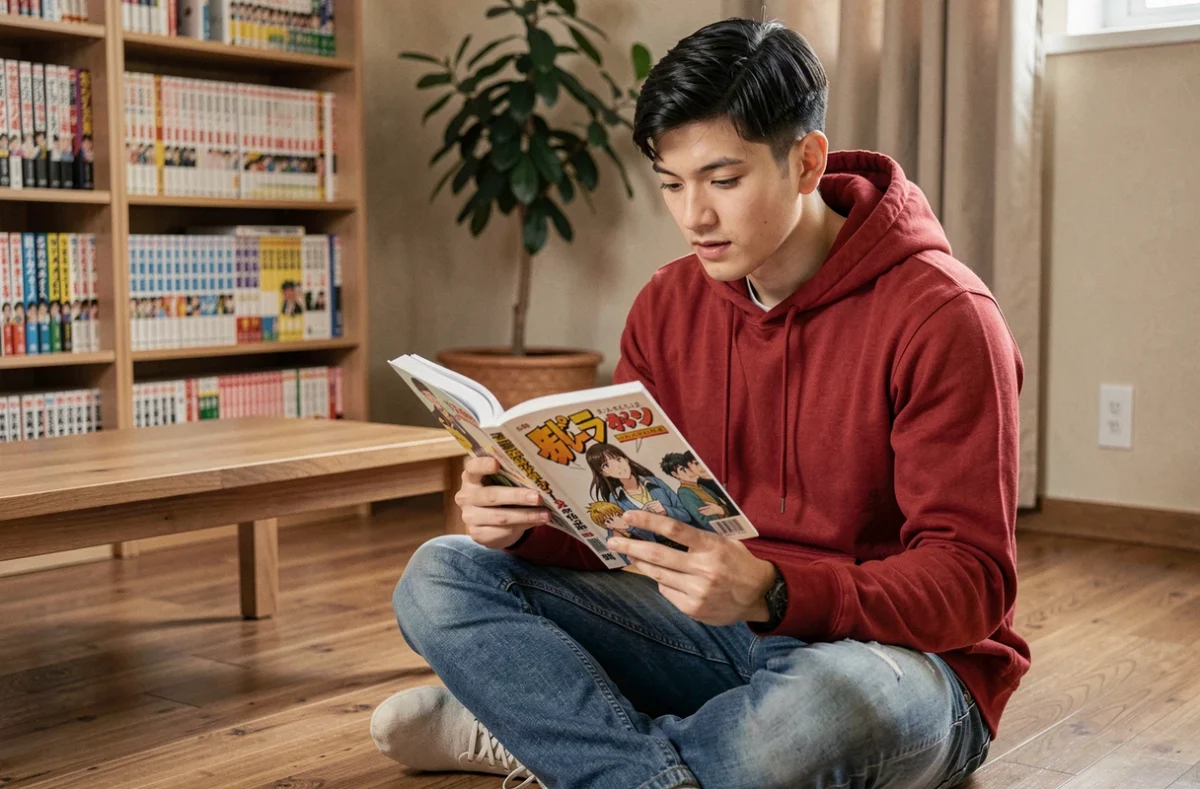 Jeune homme lisant un tome de One Piece en français assis sur le sol d'un appartement cosy