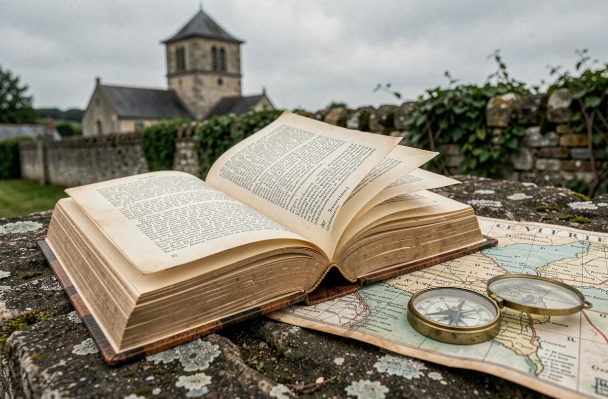 Livre d'histoire de France ouvert sur une pierre ancienne avec une carte et une boussole dans un paysage de village français