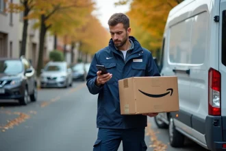 Livreur Amazon en uniforme tenant un colis et consultant son téléphone devant un camion de livraison dans une rue résidentielle française