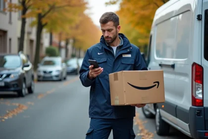 Livreur Amazon en uniforme tenant un colis et consultant son téléphone devant un camion de livraison dans une rue résidentielle française