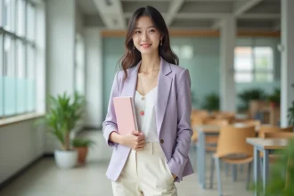 Jeune femme en tenue kawaii assumée au bureau, blazer lavande et détail brodé fraise, style professionnel et doux