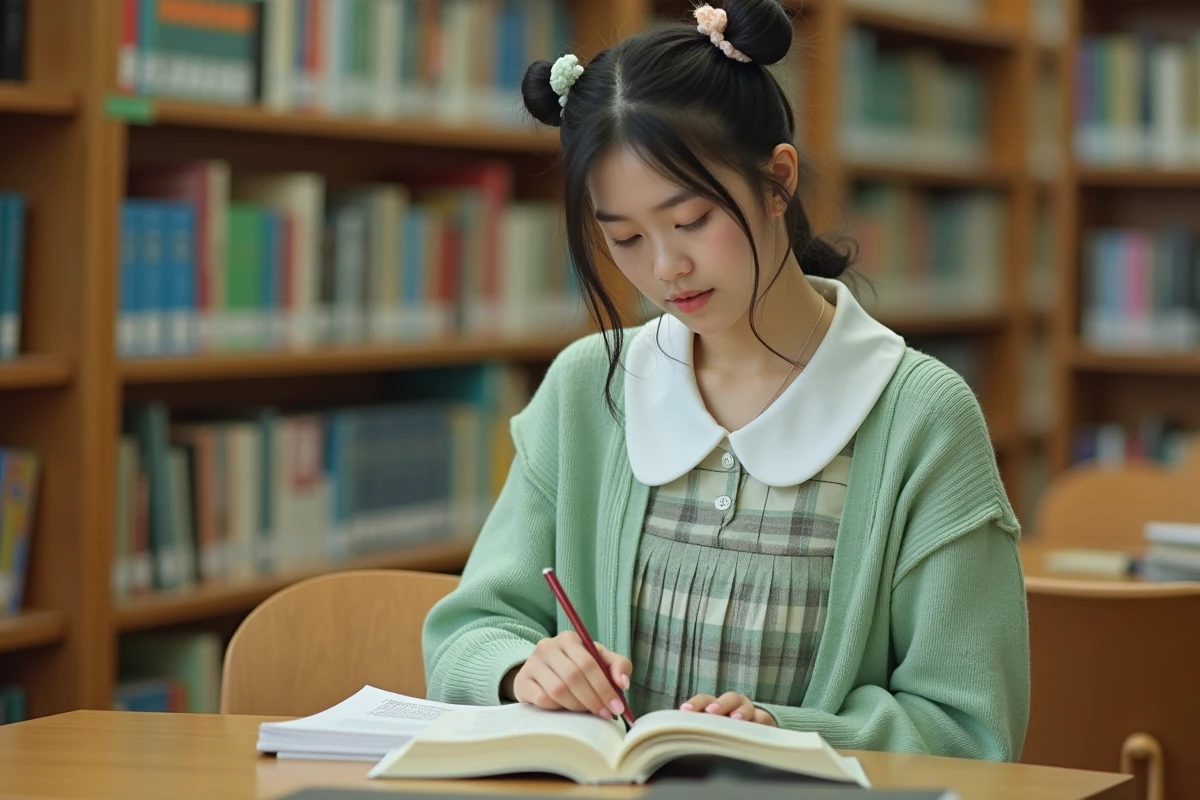 Adolescente avec un look kawaii discret à la bibliothèque scolaire, cardigan menthe et col claudine, style étudiant doux