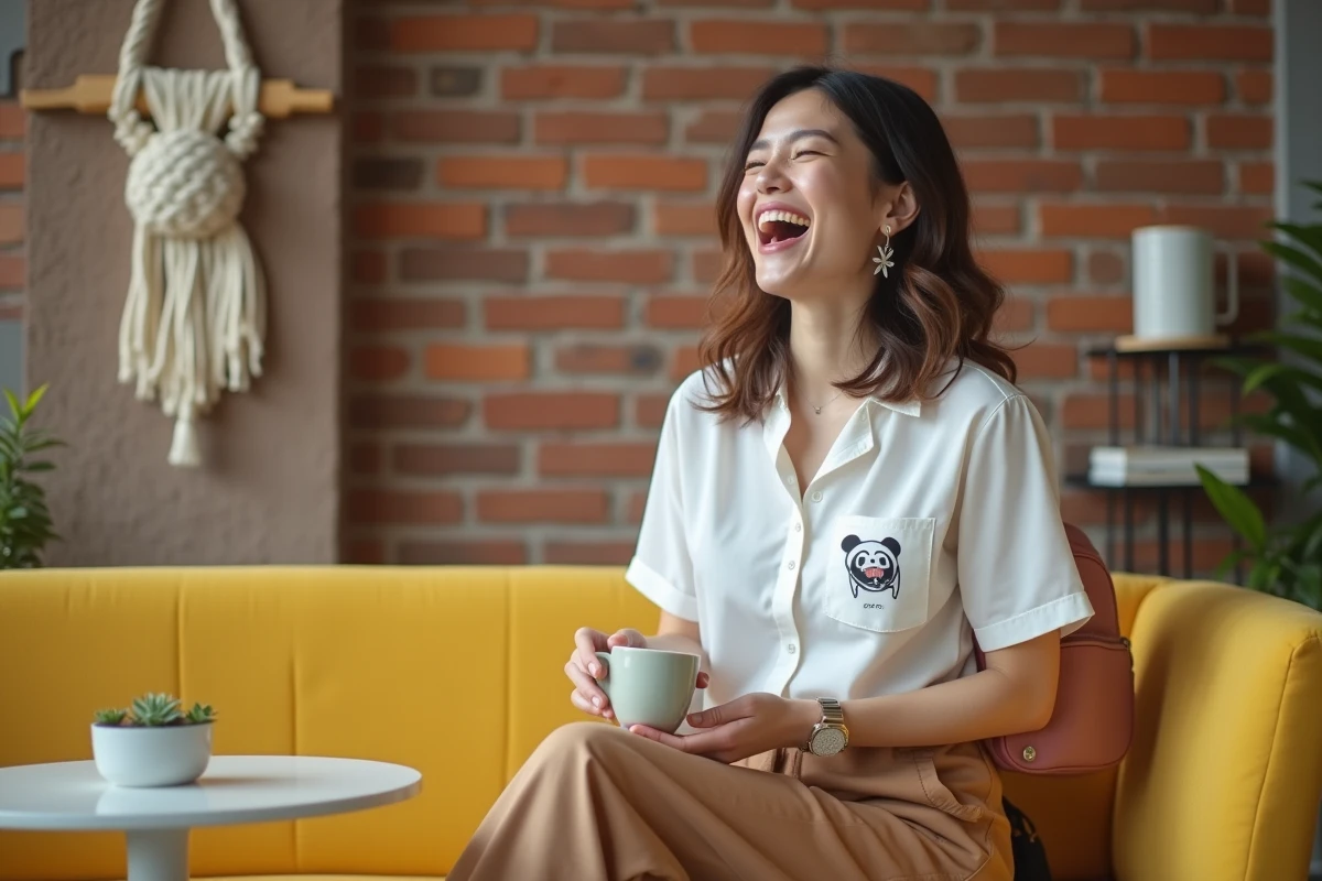Femme en look kawaii équilibré dans une salle de pause créative, blouse avec patch panda et sac à dos rose, style bureau décontracté