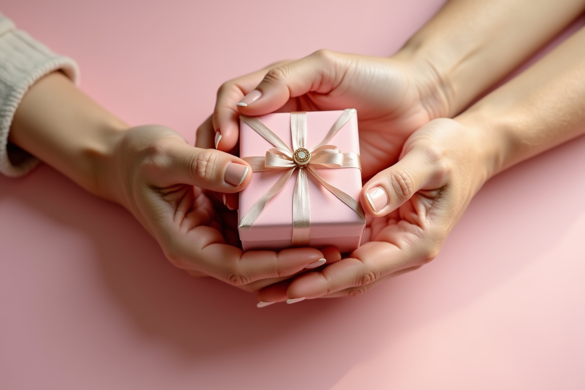 Mains entrelacees avec bagues tenant une boite cadeau artisanale