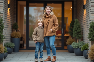 Femme et enfant devant un immeuble moderne en automne
