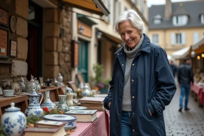 Femme souriante en imper navy au marché vintage en Orne