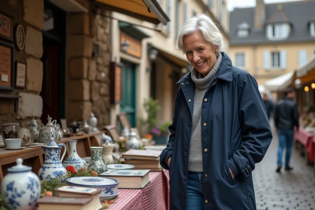Femme souriante en imper navy au marché vintage en Orne