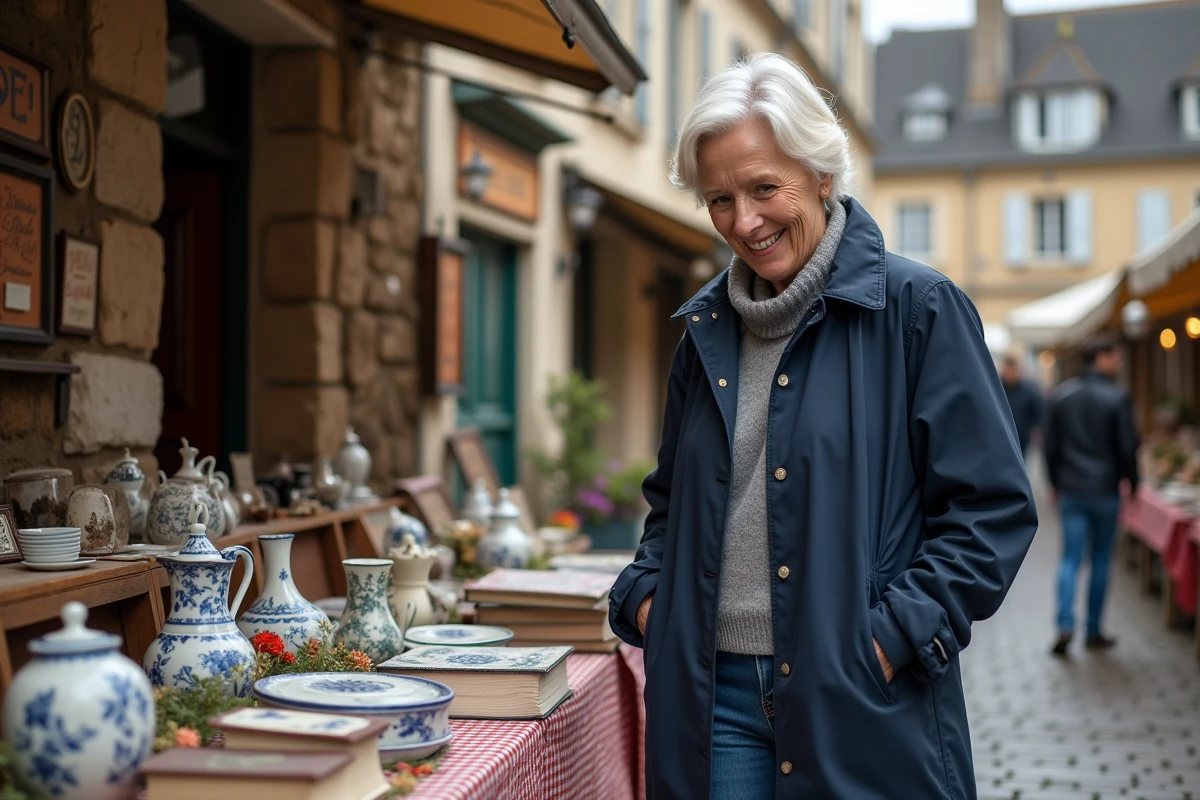 Femme souriante en imper navy au marché vintage en Orne