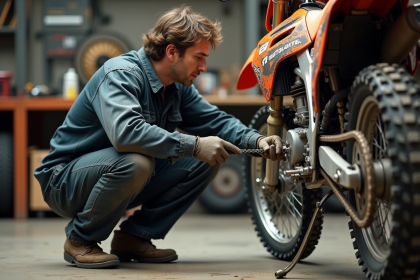 Mécanicien vérifiant la chaîne d'une moto enduro sale