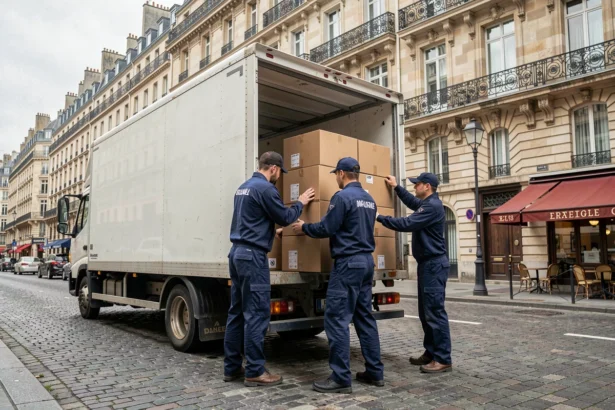 Équipe de déménageurs professionnels chargeant un camion devant un immeuble haussmannien à Paris