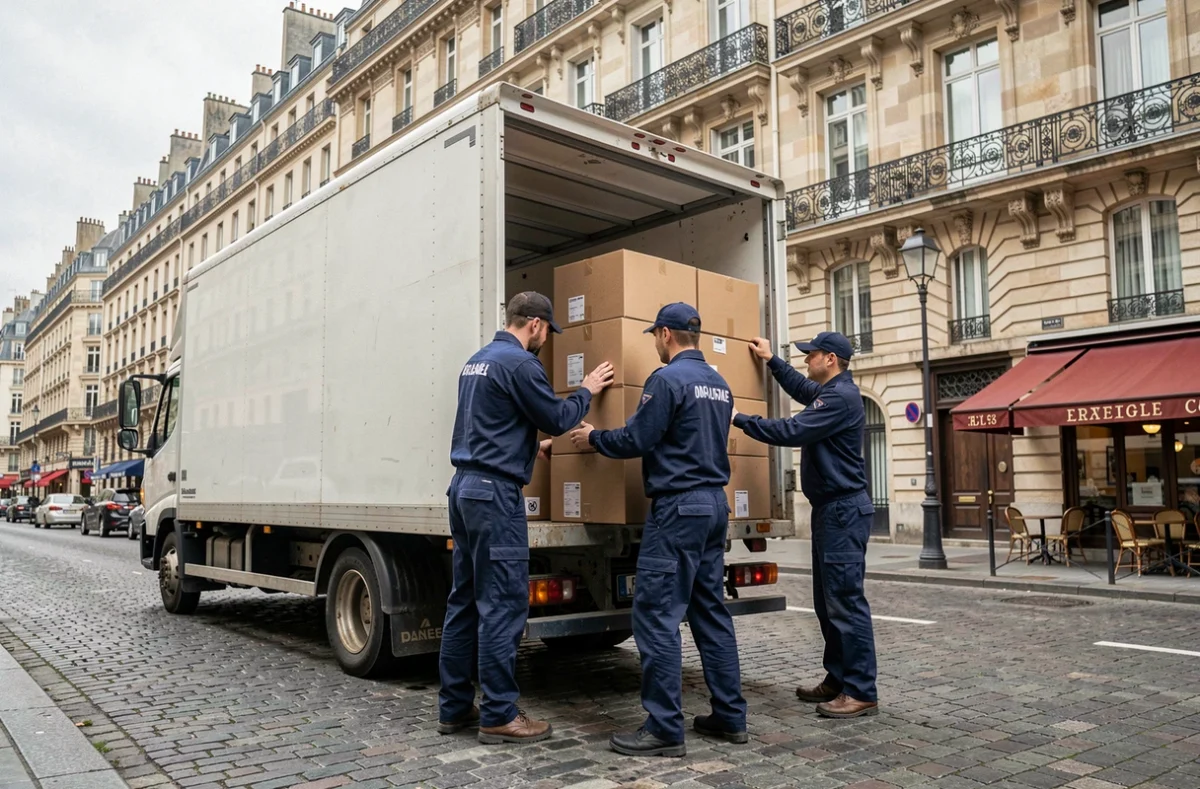 Équipe de déménageurs professionnels chargeant un camion devant un immeuble haussmannien à Paris