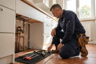 Plombier professionnel en intervention sous un évier dans un appartement moderne en Gironde