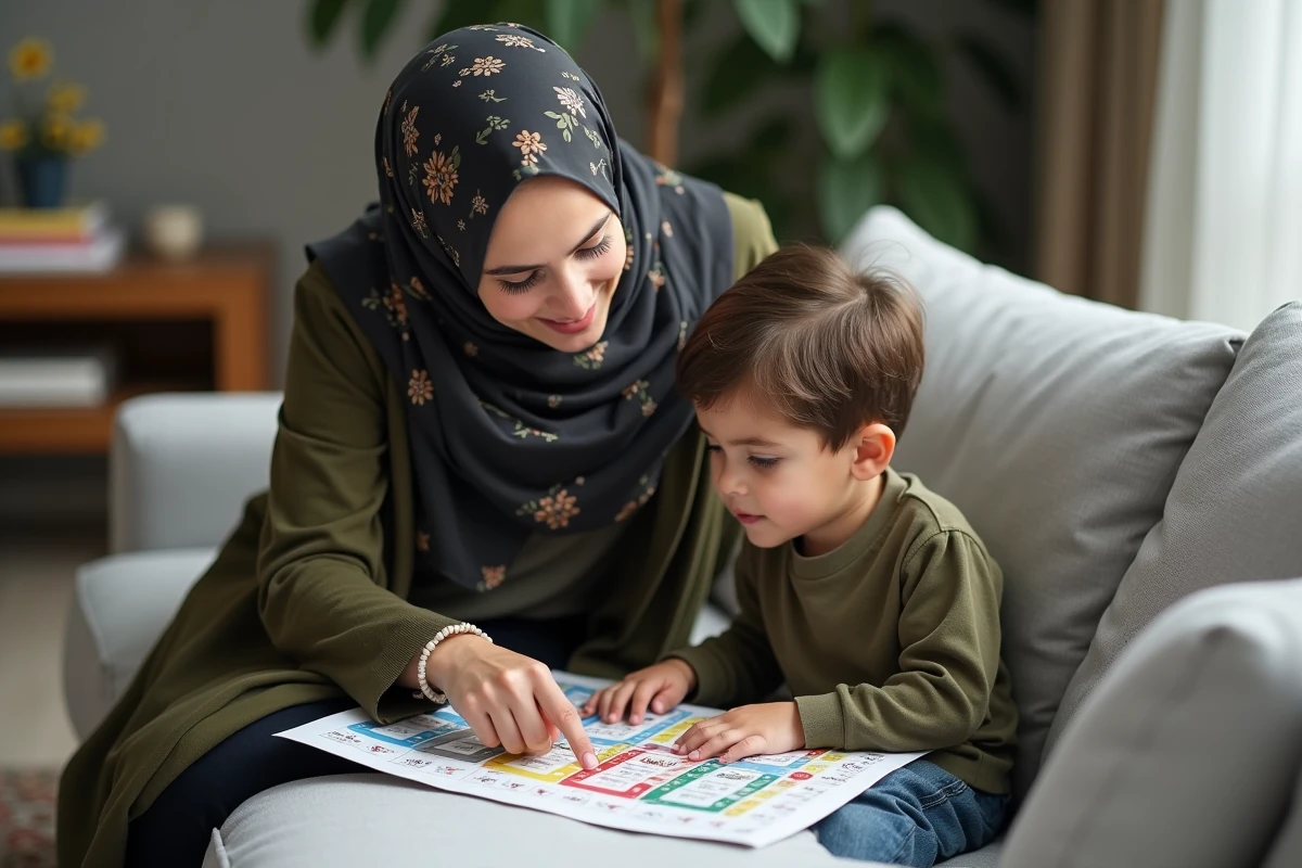 Mère et fils feuilletant ensemble un guide visuel des 30 juz du Coran sur un canapé familial