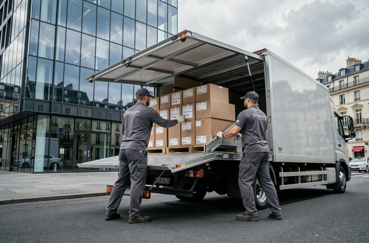 Équipe Meta Déménagement utilisant un hayon hydraulique pour charger des cartons dans un quartier d'affaires parisien