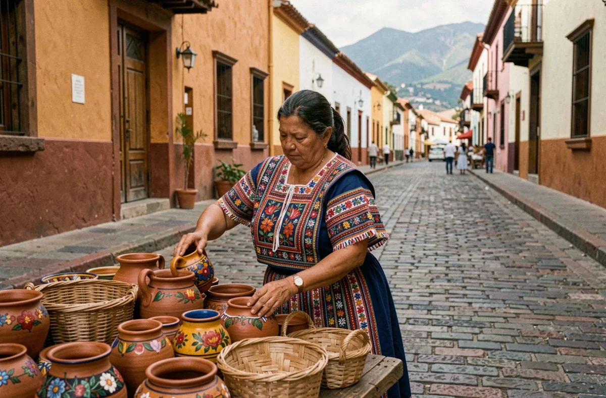 Vendeuse en huipil brodé arrangeant poteries et paniers sur un marché de rue colonial à Oaxaca au Mexique