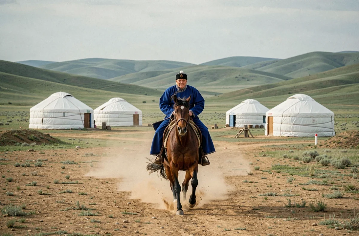 Cavalier mongol en deel bleu galopant sur la steppe face à un campement de yourtes blanches dans les collines verdoyantes