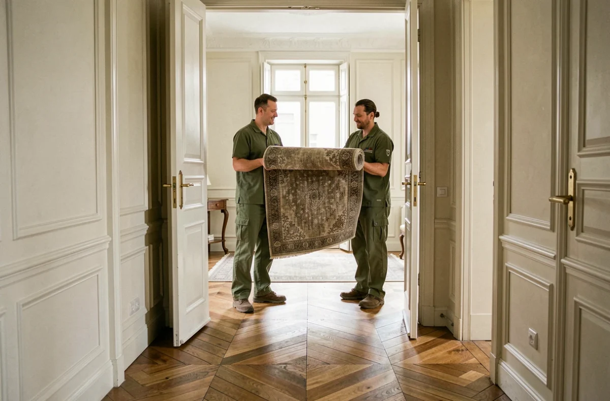 Équipe Moved Déménagement portant un tapis roulé à travers la porte d'un appartement parisien élégant