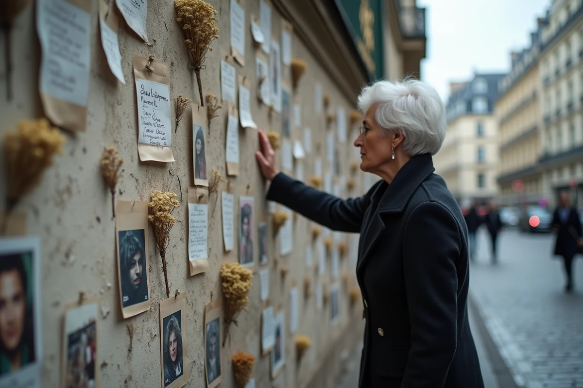 Mur commémoratif parisien avec photos et messages de fans en hommage à Mike Brant, femme âgée observant le mémorial