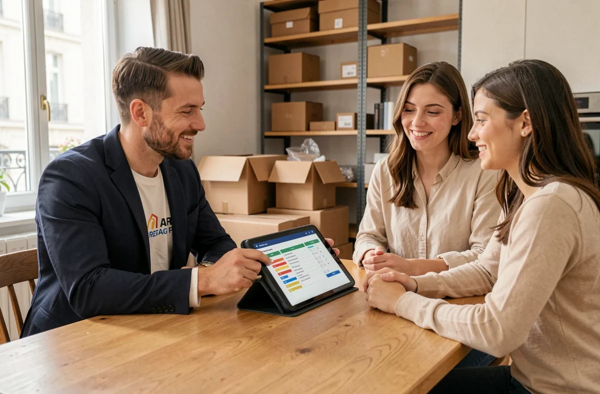 Conseiller Nextories présentant un plan de déménagement sur tablette à un couple dans leur appartement parisien