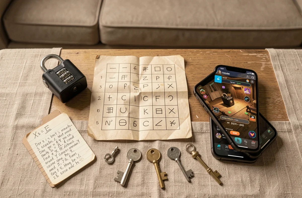 Vue aérienne d'objets d'escape game sur une table en bois incluant un cadenas, des grilles de chiffrement et un carnet de solutions manuscrites