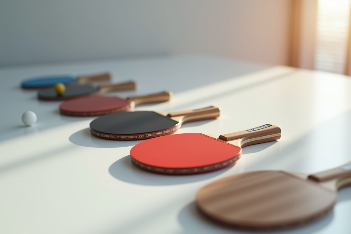 Paddles de tennis de table de différentes designs sur une table blanche