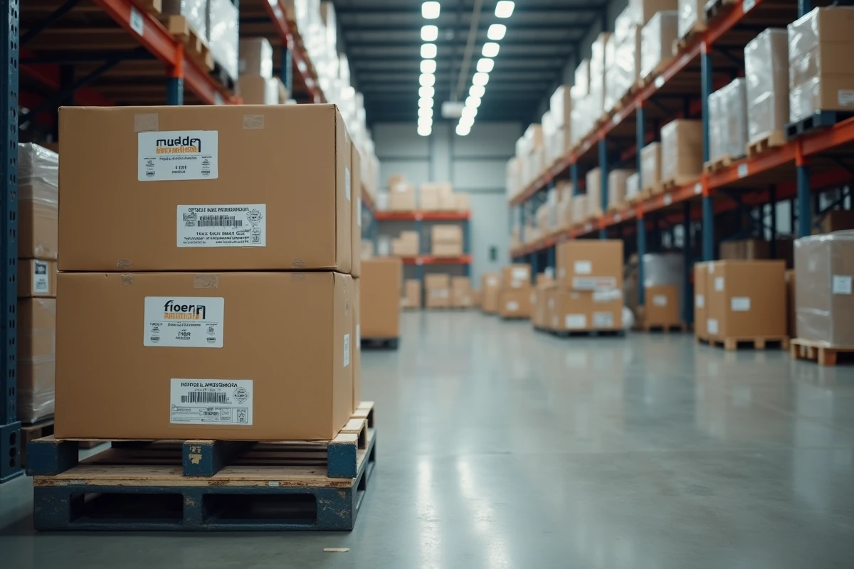 Palette de colis empilés avec étiquettes de suivi dans un entrepôt logistique en attente d'expédition