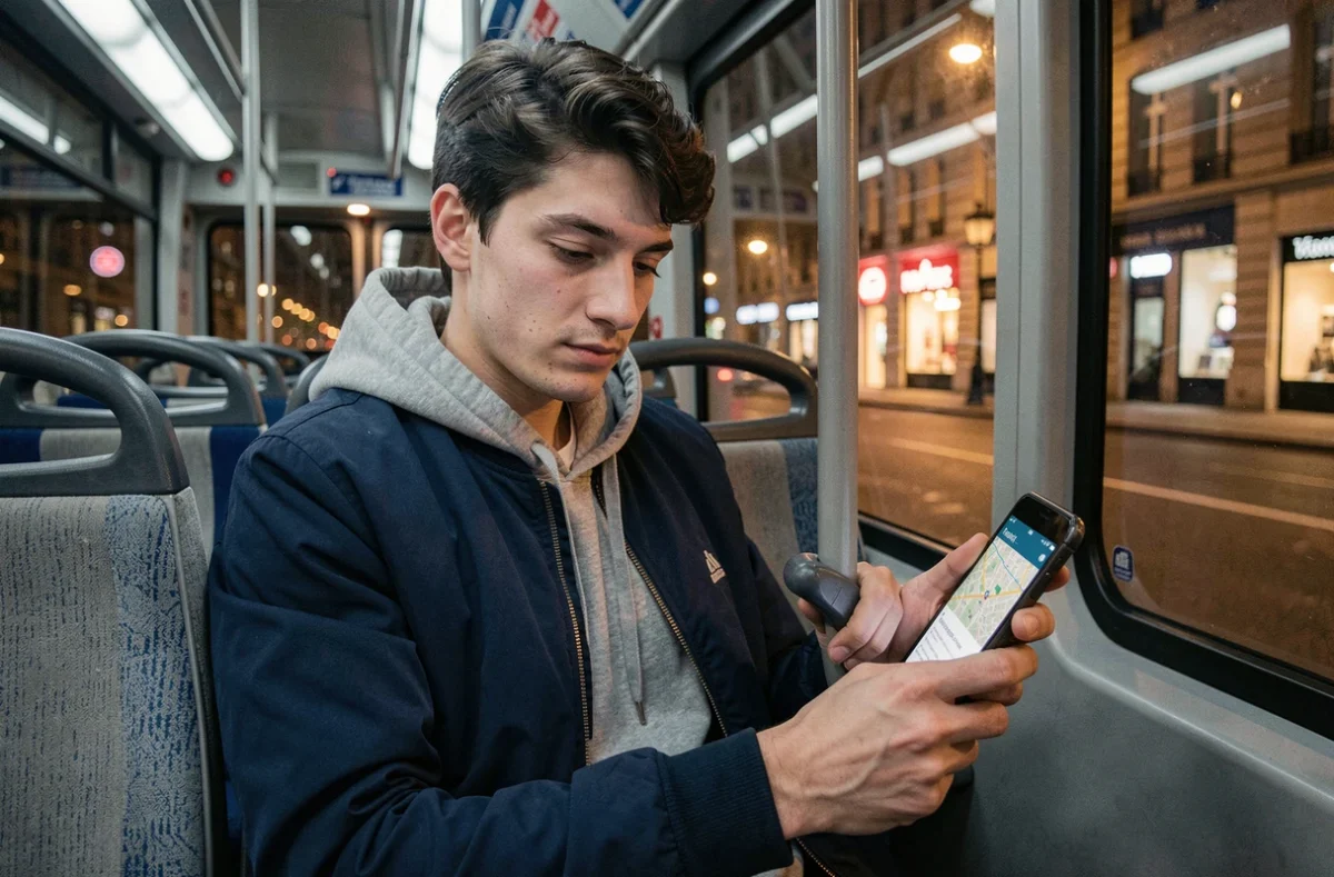 Passager consultant une carte des bus Noctilien sur son téléphone dans un bus de nuit à Paris