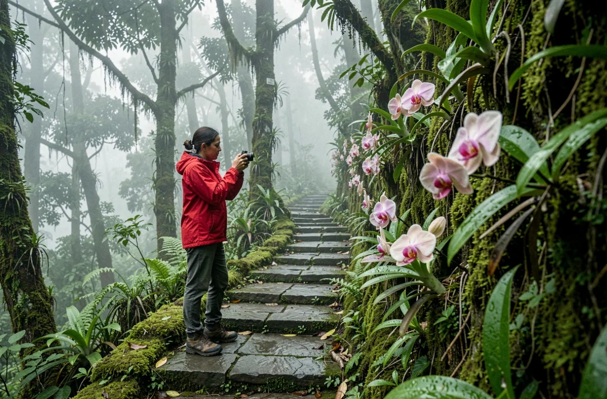 Randonneuse en veste rouge sur un sentier inca en pierre traversant la forêt nuageuse andine du Pérou