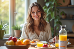Jeune femme souriante au petit déjeuner avec fruits frais