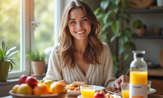 Jeune femme souriante au petit déjeuner avec fruits frais