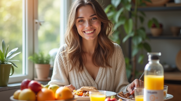 Jeune femme souriante au petit déjeuner avec fruits frais