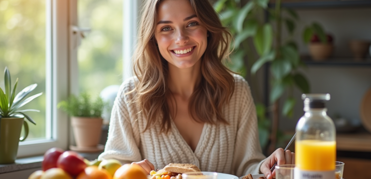 Jeune femme souriante au petit déjeuner avec fruits frais