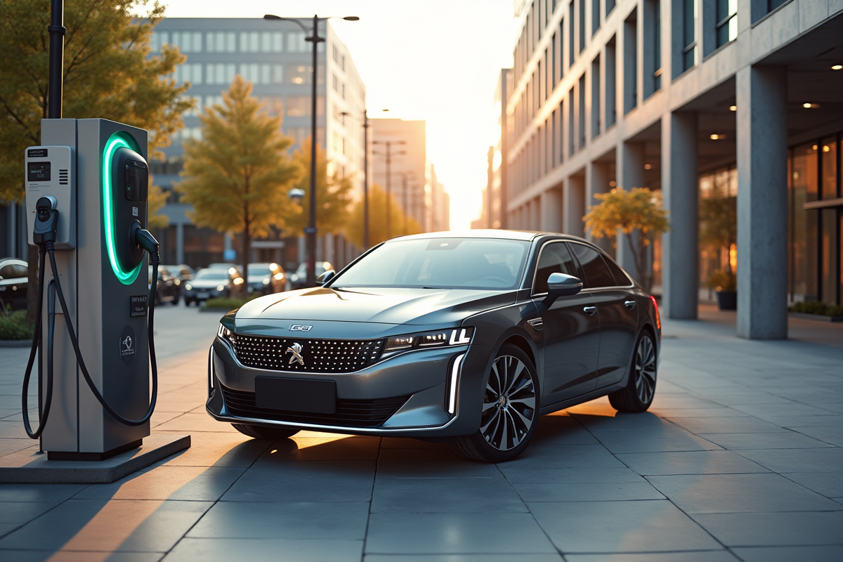 Peugeot 508 PSE garée à une station de recharge urbaine