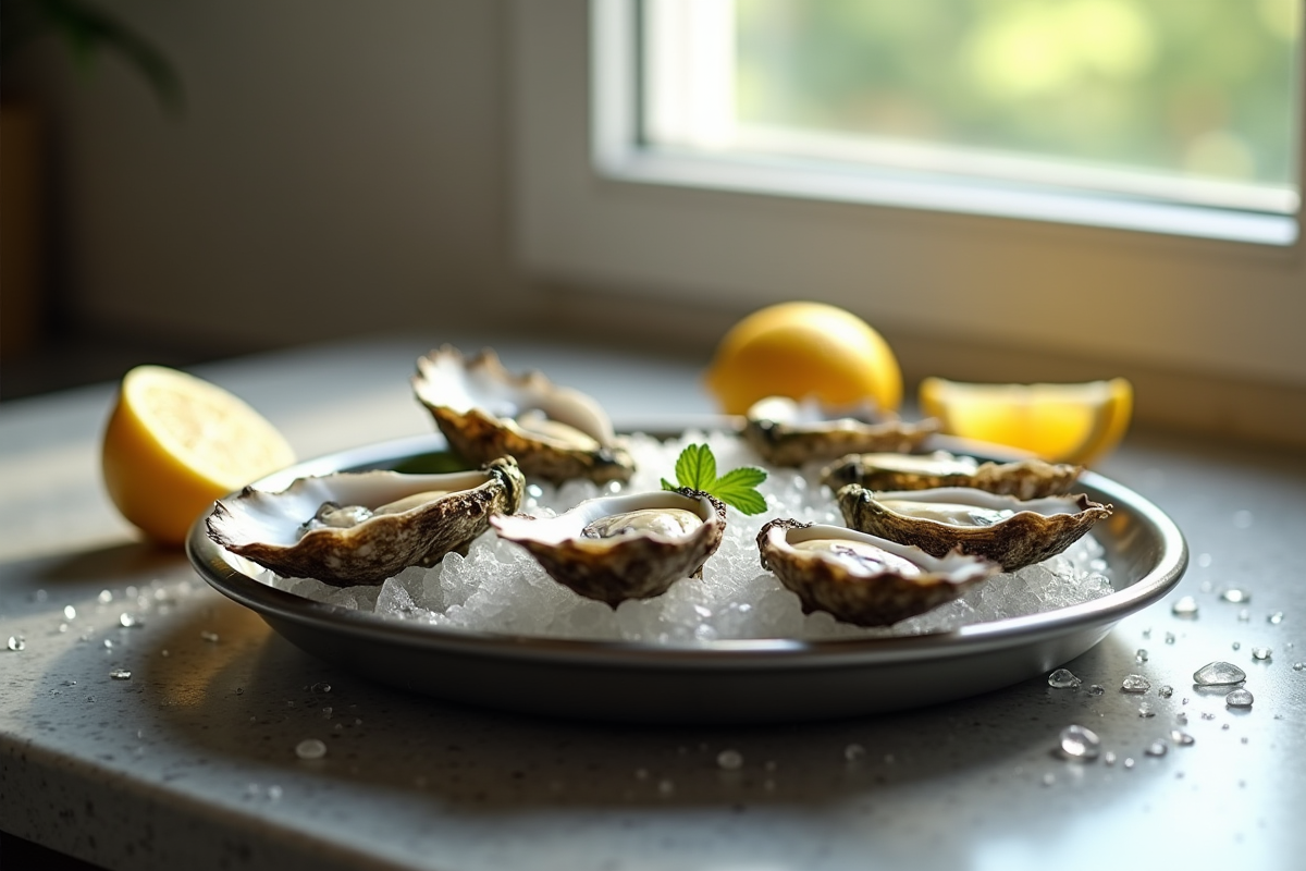 Plateau d'huîtres fraîches sur glace avec citron et sel
