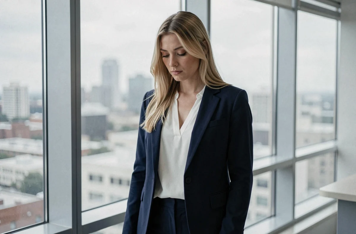 Portrait d'une femme médecin blonde en blazer marine près d'une fenêtre d'hôpital, symbolisant la complexité morale et émotionnelle du personnage de Cameron dans Dr House