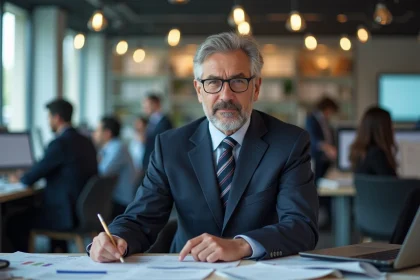 Journaliste homme professionnel en costume assis dans une rédaction française moderne, illustrant un portrait éditorial de Philippe Mabille