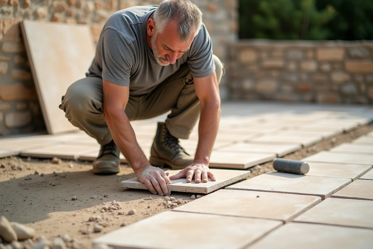 Artisan posant des dalles en pierre de Moleanos lors de l'installation d'une terrasse extérieure