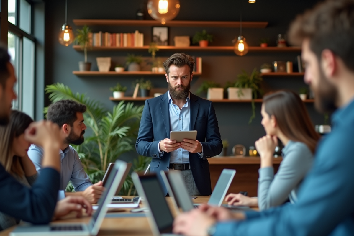 Manager marketing présente une stratégie dans un café urbain