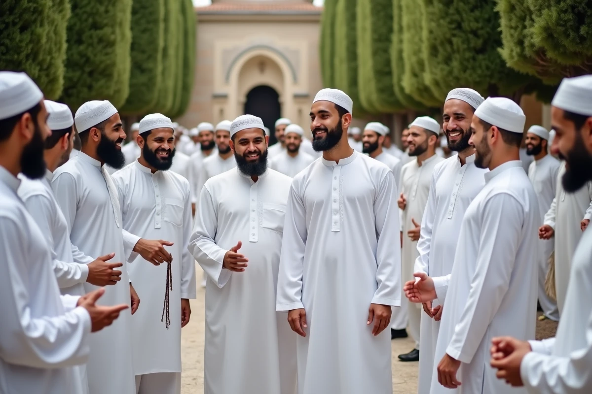 Fidèles musulmans en tenue traditionnelle échangeant des voeux après la prière de l'Aïd devant la mosquée de Ris-Orangis