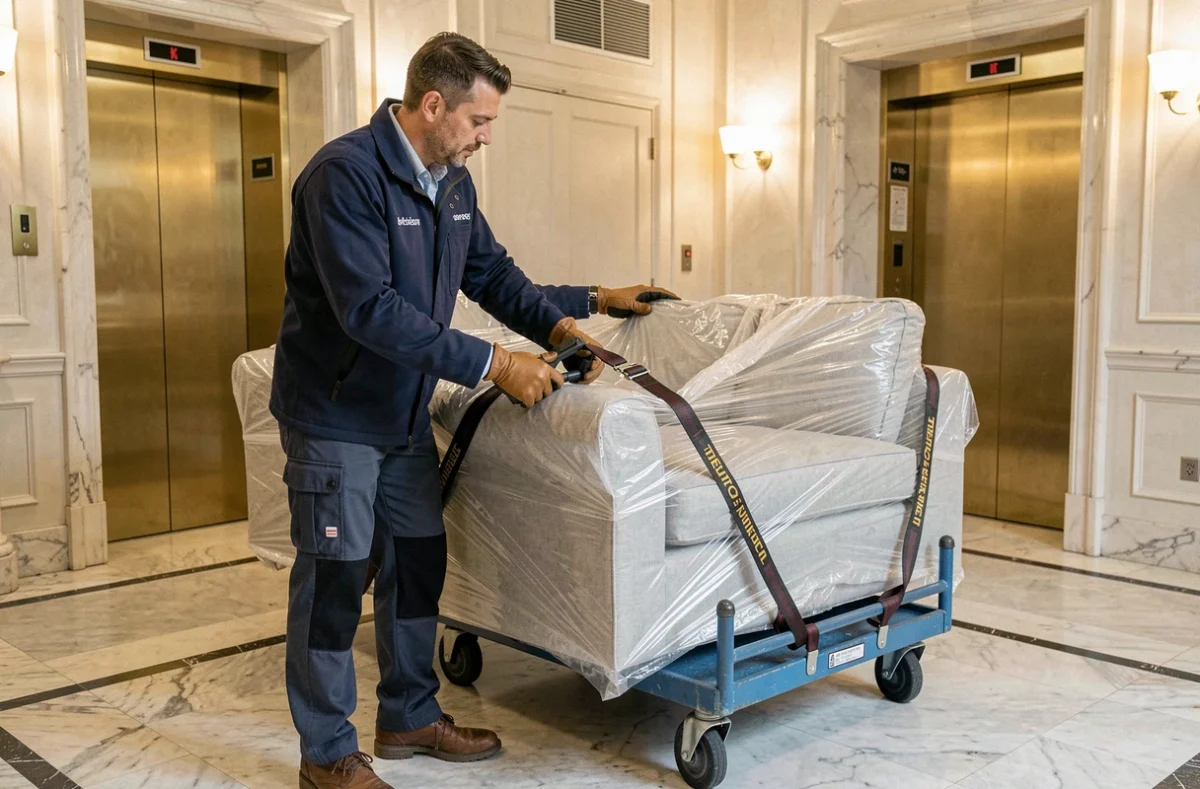 Déménageur Proconcept sécurisant un canapé emballé avec des sangles dans le hall d'un immeuble haussmannien