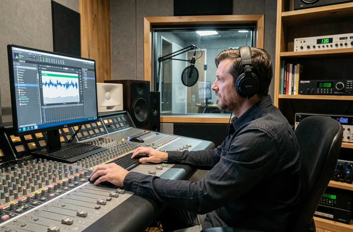 Producteur de musique dans un studio d'enregistrement professionnel consultant une interface audio numérique pour diffuser des sons légalement