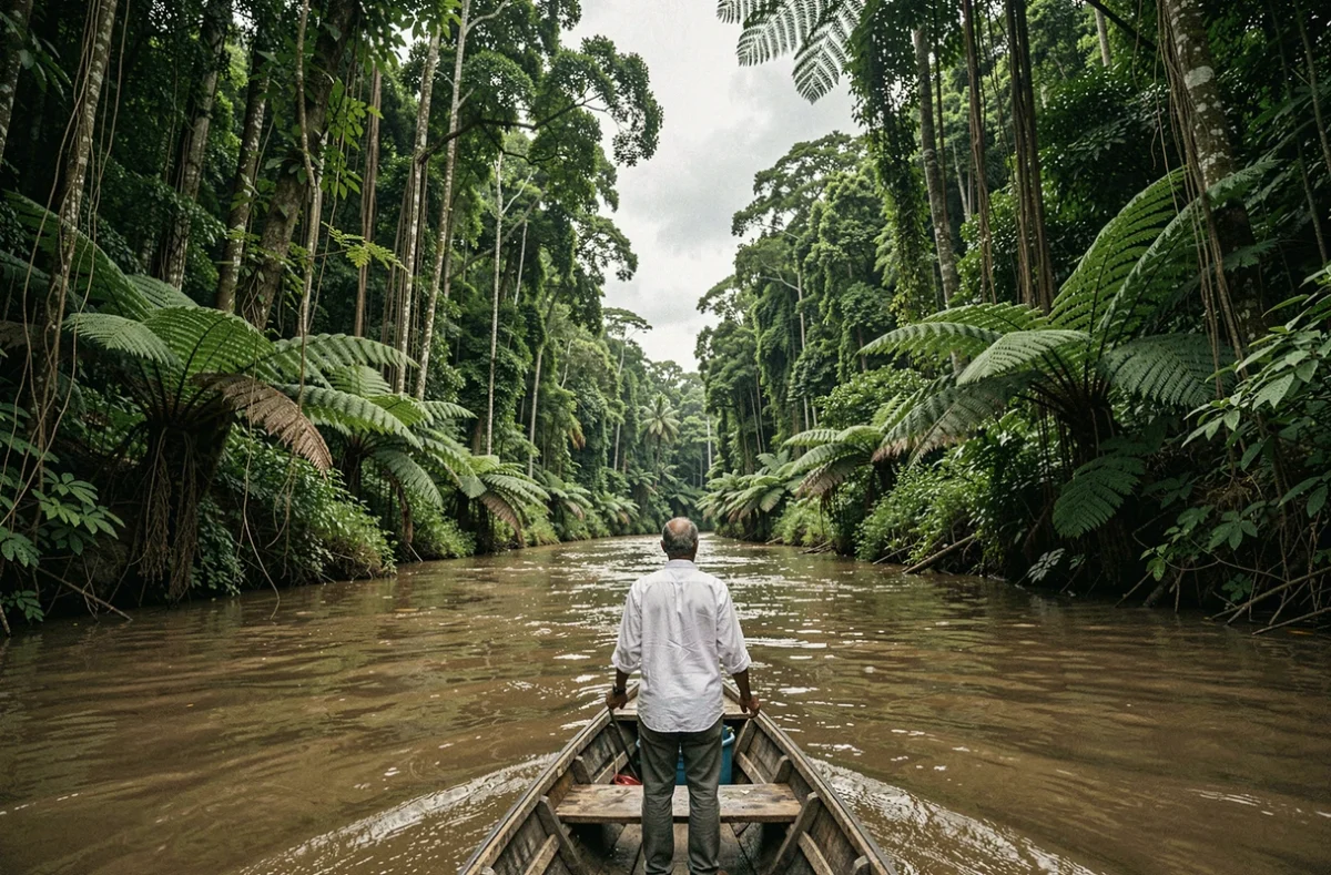 Piroguier sur un fleuve du bassin du Congo entouré par la forêt tropicale dense en République démocratique du Congo