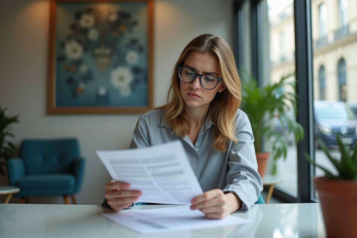 Jeune femme anxieuse regardant un relevé bancaire