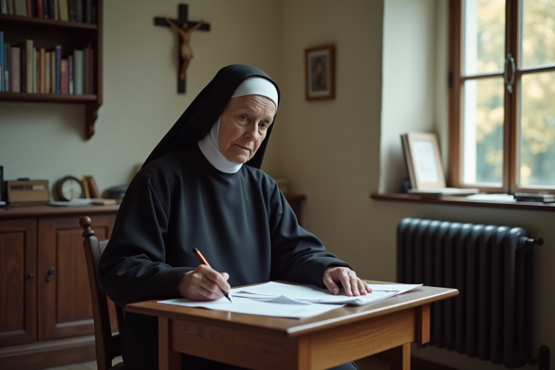 Soeur âgée examinant des documents financiers dans un bureau modeste