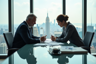 Homme et femme d'affaires en réunion dans un bureau moderne