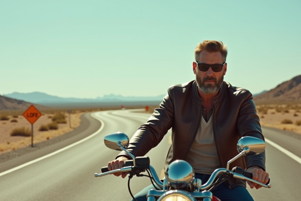 Homme en moto sur la Route 66 avec paysage désertique