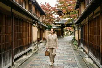 Rue traditionnelle japonaise à Kyoto avec maisons en bois et femme marchant sur les pavés